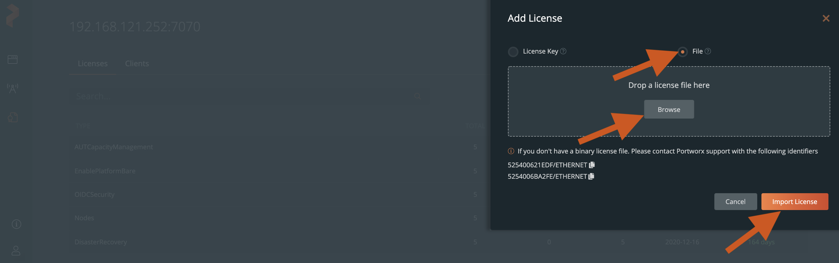 Upload license key file